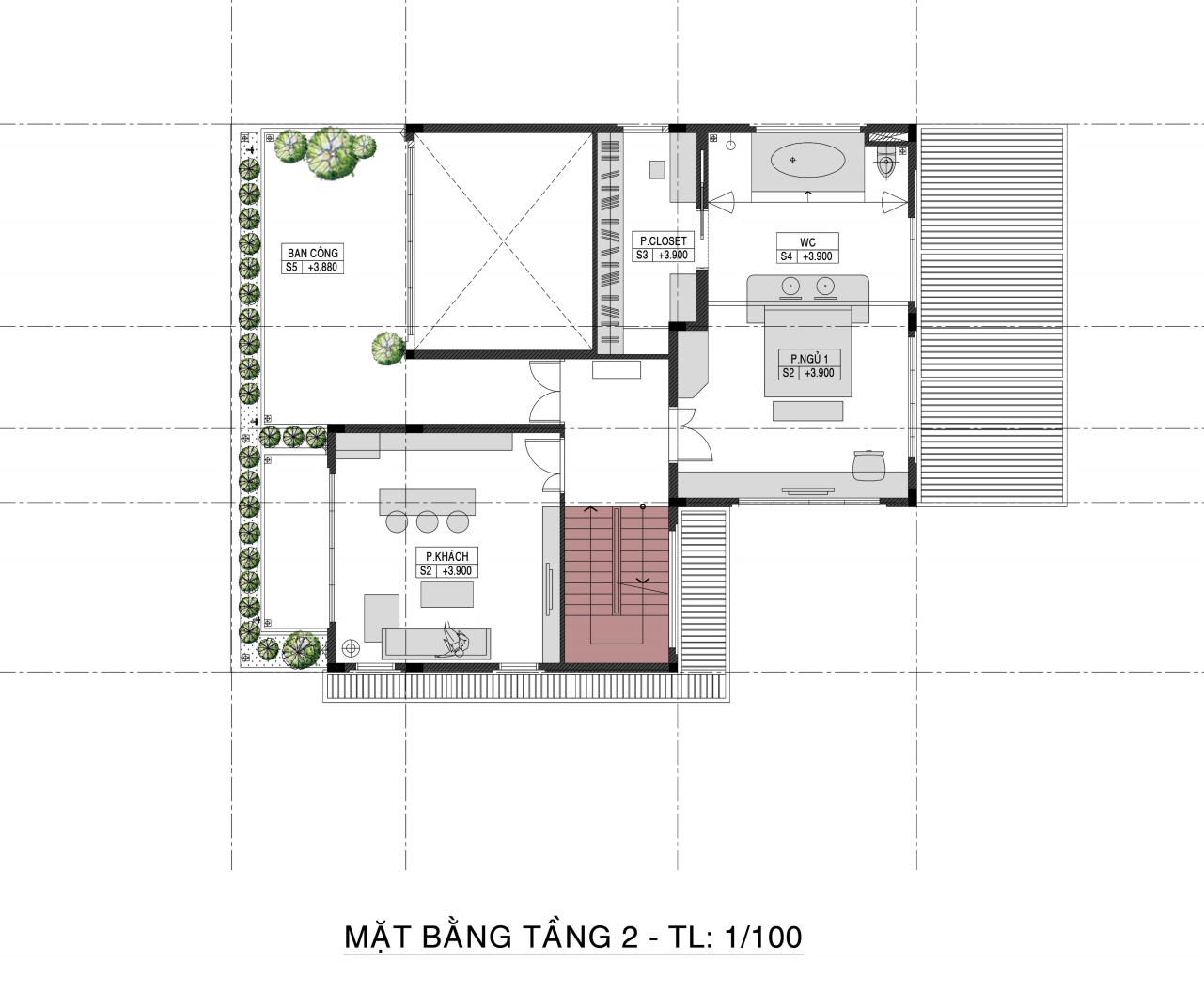 Mặt bằng tầng 2 mẫu nhà C