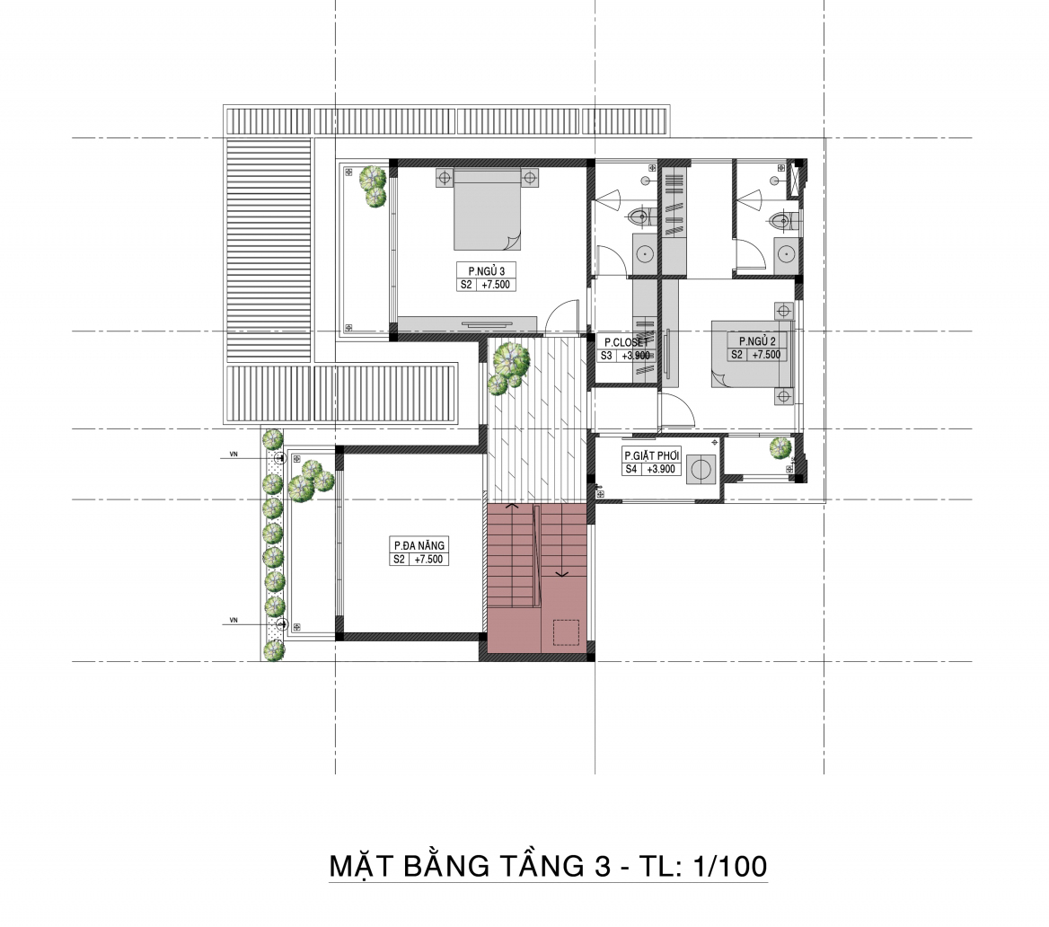 Mặt bằng tầng 3 mẫu nhà C